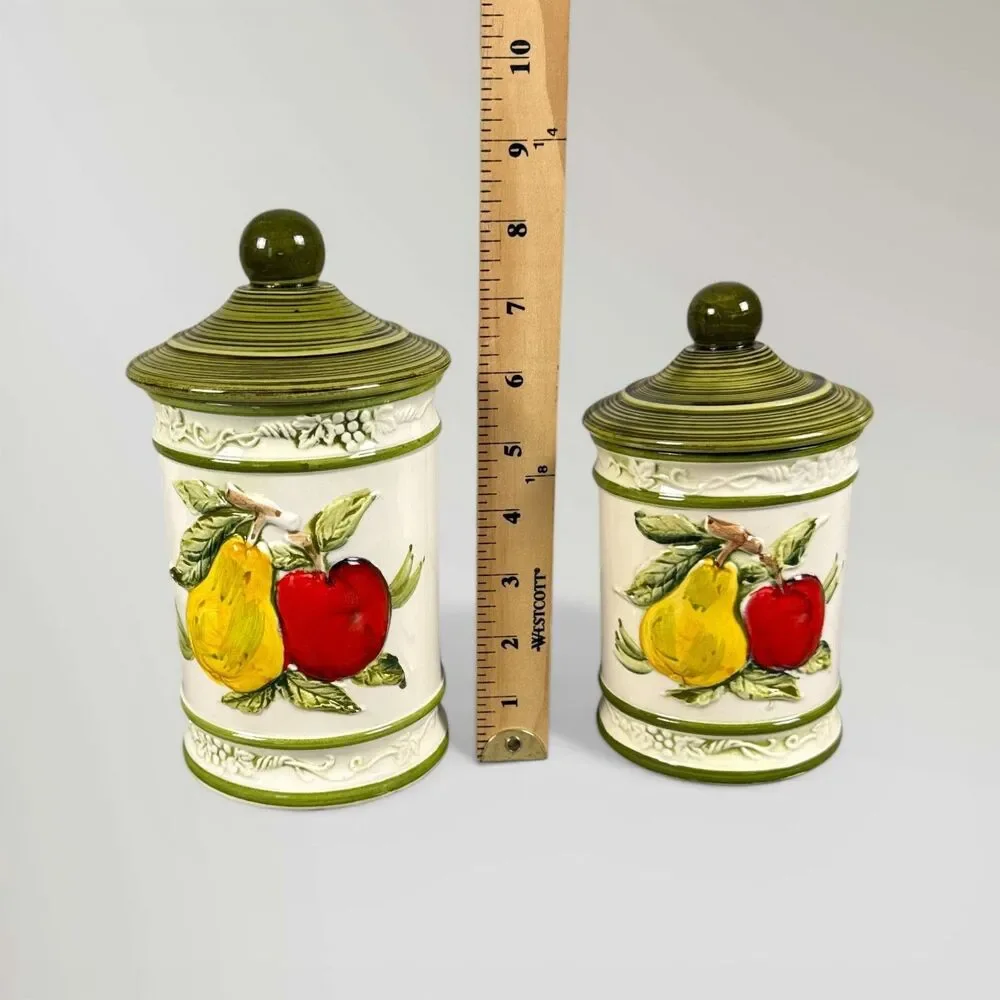 Vintage 3D Raised Fruit Porcelain Ceramic (2) Canister Set Japan Lemon Apple
